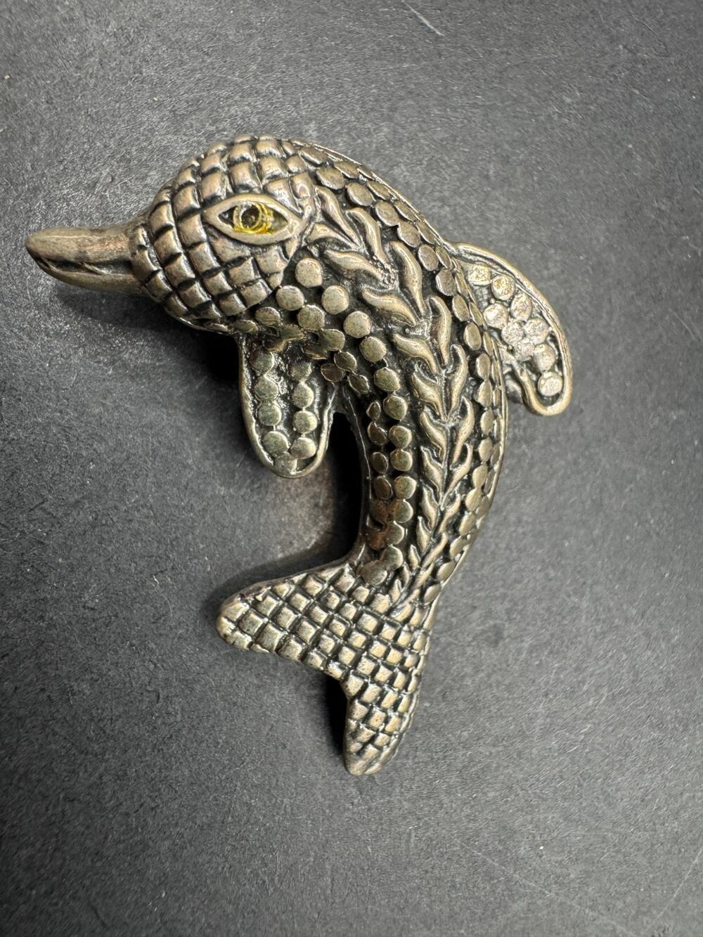 Vtg Sterling Silver 925 Textured Leaping Dolphin Figural Brooch Pin 45.4mm 11.7g